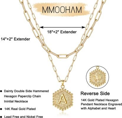 M MOOHAM Dainty Layered Initial Necklaces for Women Trendy, 14K Real Gold Plated Paperclip Chain Necklace Cute Hexagon Letter Pendant Initial Choker Necklace Gold Layered Necklaces for Women - Image 4