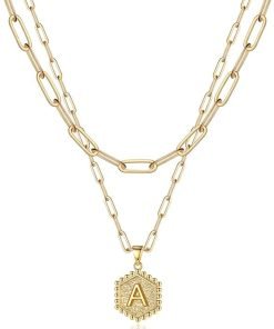 M MOOHAM Dainty Layered Initial Necklaces for Women Trendy, 14K Real Gold Plated Paperclip Chain Necklace Cute Hexagon Letter Pendant Initial Choker Necklace Gold Layered Necklaces for Women