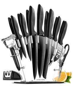 Home Hero Kitchen Knife Set, Steak Knife Set & Kitchen Utility Knives – Ultra-Sharp High Carbon Stainless Steel Knives with Ergonomic Handles (17 Pc Set, Black)