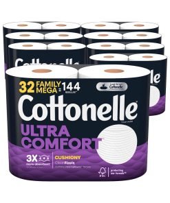 Cottonelle Ultra Comfort Toilet Paper with Cushiony CleaningRipples Texture, Strong Bath Tissue, 32 Family Mega Rolls (32 Family Mega Rolls = 144 Regular Rolls) (8 Packs of 4), 325 Sheets per Roll