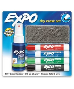 EXPO Low Odor Dry Erase Marker Starter Set, Chisel Tip, Assorted, Whiteboard Eraser, Cleaning Spray, 6 Count