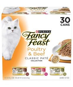 Purina Fancy Feast Grain Free Pate Wet Cat Food Variety Pack, Poultry & Beef Collection – 3 oz. Cans, 30 Count (Pack of 1)