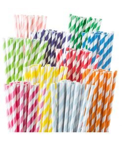 Weemium 200 Biodegradable Paper Straws – Durable & Eco-Friendly in 10 Color Stripes – Rainbow Drinking Straws & Party Decoration Supplies