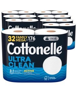 Cottonelle Ultra Clean Toilet Paper with Active CleaningRipples Texture, Strong Bath Tissue, 32 Family Mega Rolls (32 Family Mega Rolls = 176 Regular Rolls) (8 Packs of 4), 388 Sheets per Roll