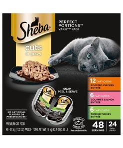 SHEBA PERFECT PORTIONS Cuts in Gravy Wet Cat Food Trays (24 Count, 48 Servings), Roasted Chicken, Gourmet Salmon and Tender Turkey Entrée, Easy Peel Twin-Pack Trays
