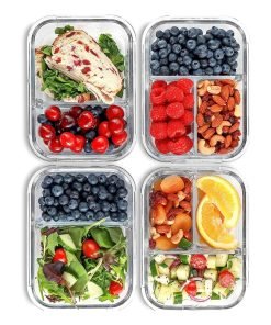 2 & 3 Compartment Glass Meal Prep Containers (4 Pack, 32 oz) – Glass Food Storage Containers with Lids, Glass Lunch Box, Glass Bento Box Lunch Containers, Portion Control, Airtight