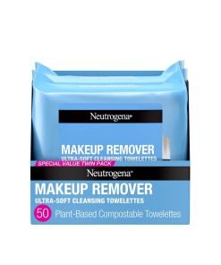 Neutrogena Cleansing Fragrance Free Makeup Remover Face Wipes, Cleansing Facial Towelettes for Waterproof Makeup, Alcohol-Free, Unscented, 100% Plant-Based Fibers, Twin Pack, 2 x 25 ct
